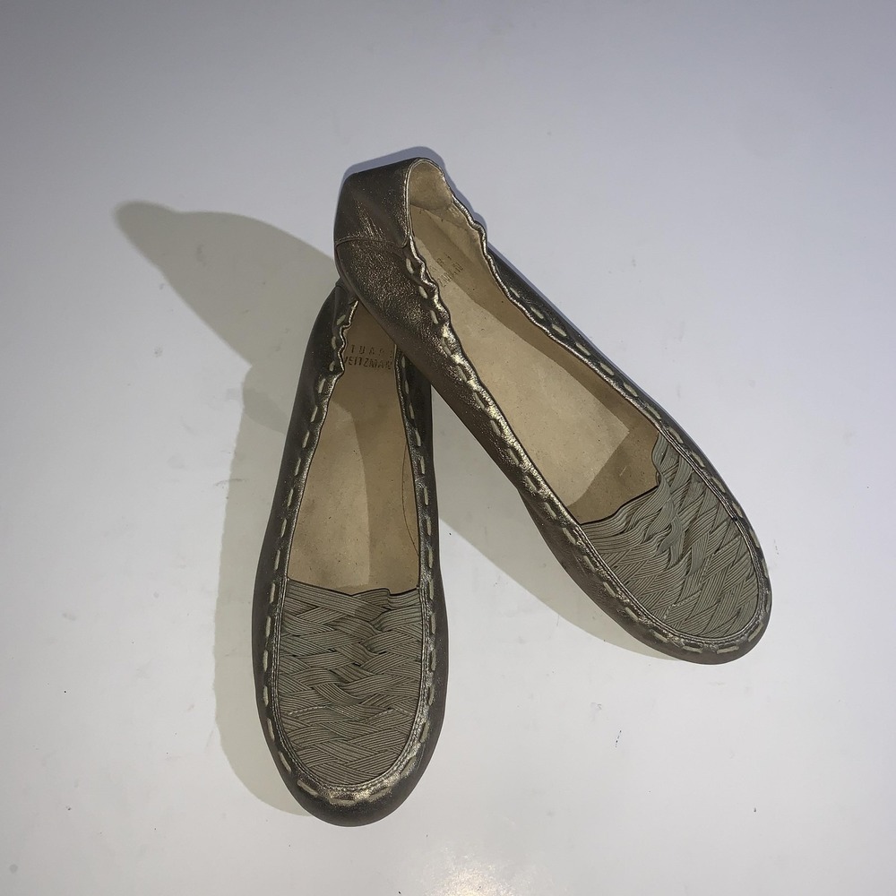 Stuart Weitzman Shoes Womens Size 8 Gold Leather Woven Slip On Flats Comfort
